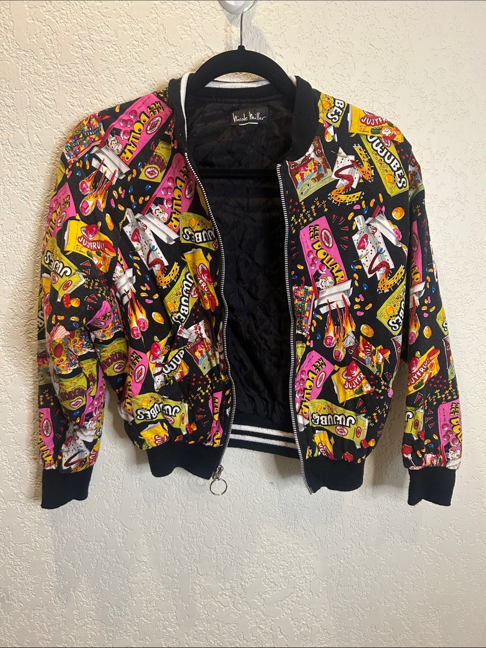 Vibrant Black Candy-Print Bomber Jacket